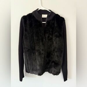 VTG KATHIE LEE Faux Fur Front Zip Black Knit Medium Sweater Teddy Size S M